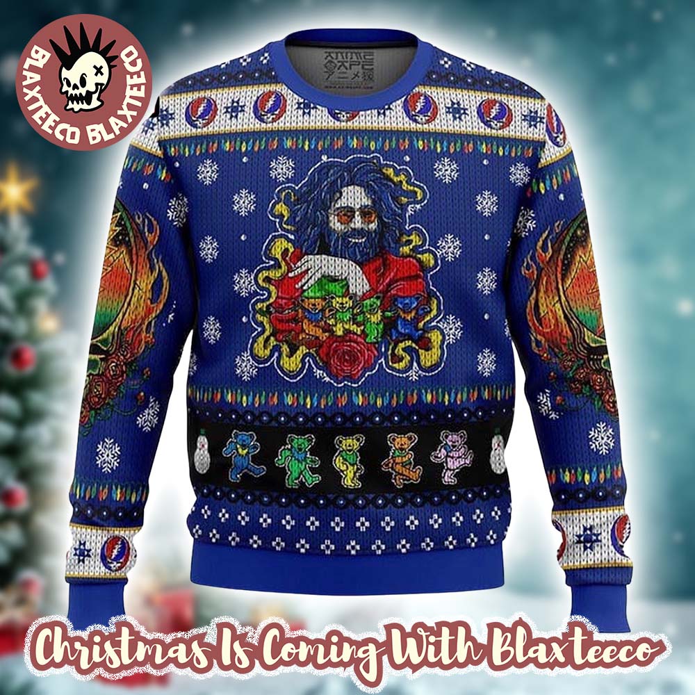 Grateful Dead Jerry Garcia Trippie Style Knitted Blue Ugly Christmas Sweater