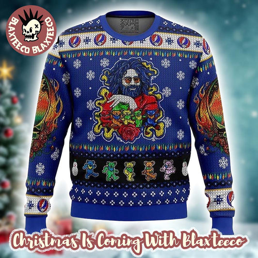 Grateful Dead Jerry Garcia Trippie Style Knitted Blue Ugly Christmas Sweater