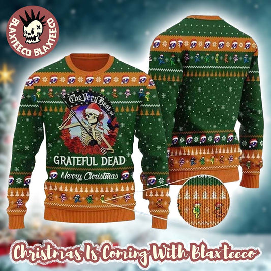 Grateful Dead The Very Best Of The Reaper Art With Dancing Bear Pattern Green Ugly Christmas Sweater