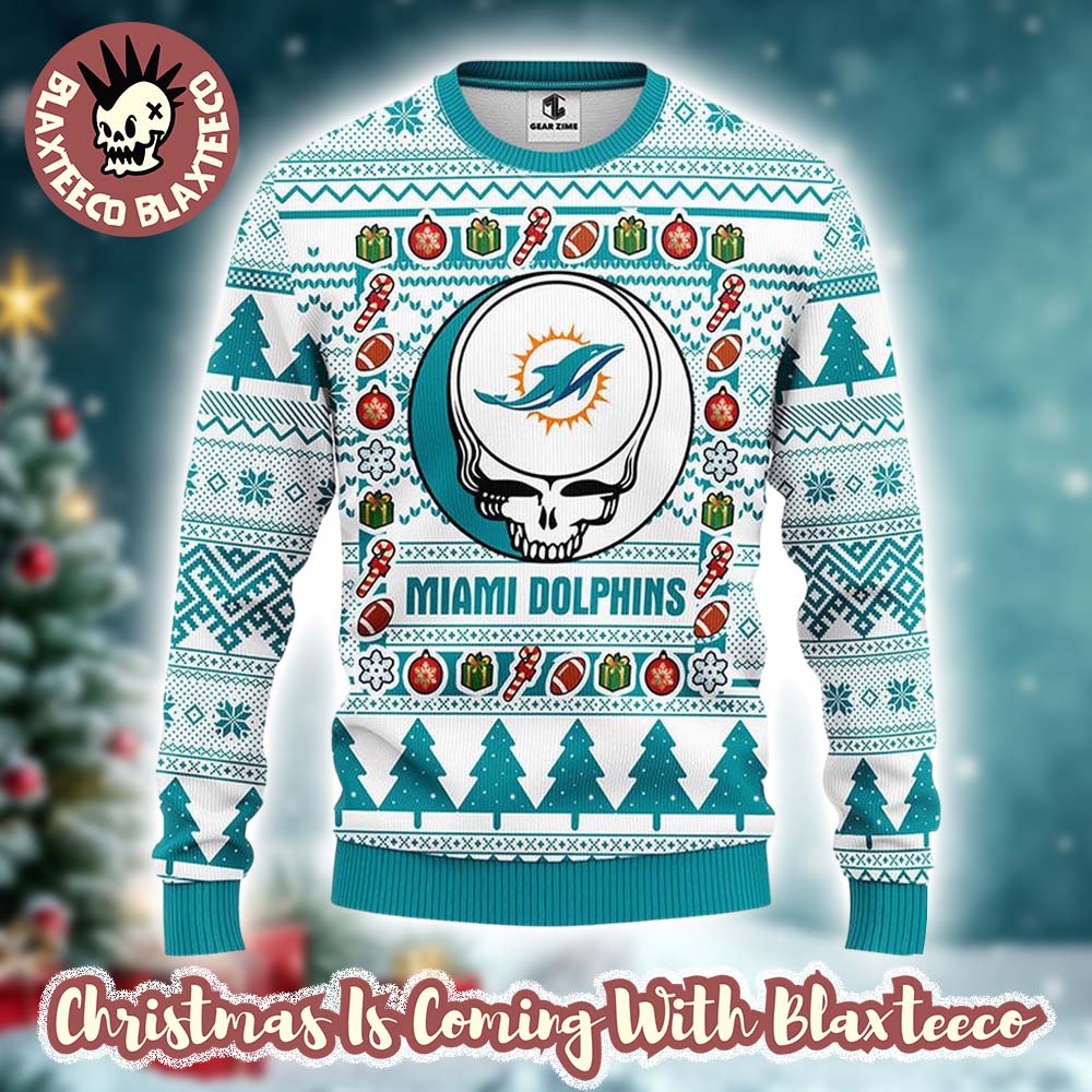 Grateful Dead X NFL Miami Dolphins Stealie Logo Ugly Christmas Sweater