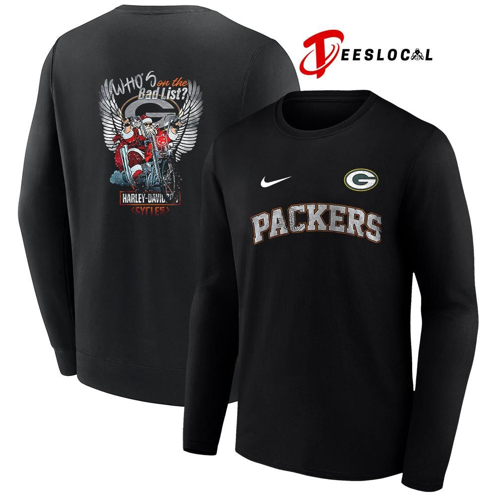 Green Bay Packers x Harley Davidson Santa Claus who’s on the bad list graphic shirt