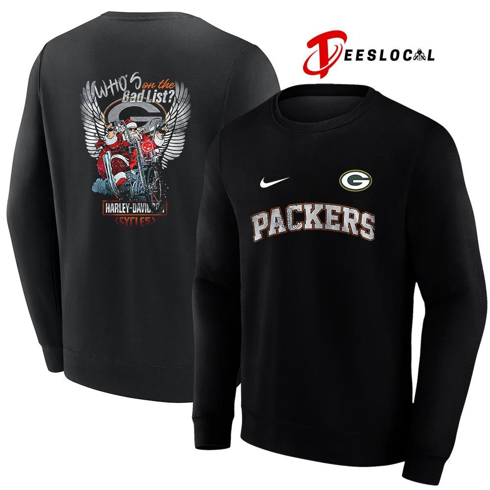 Green Bay Packers x Harley Davidson Santa Claus who’s on the bad list graphic shirt