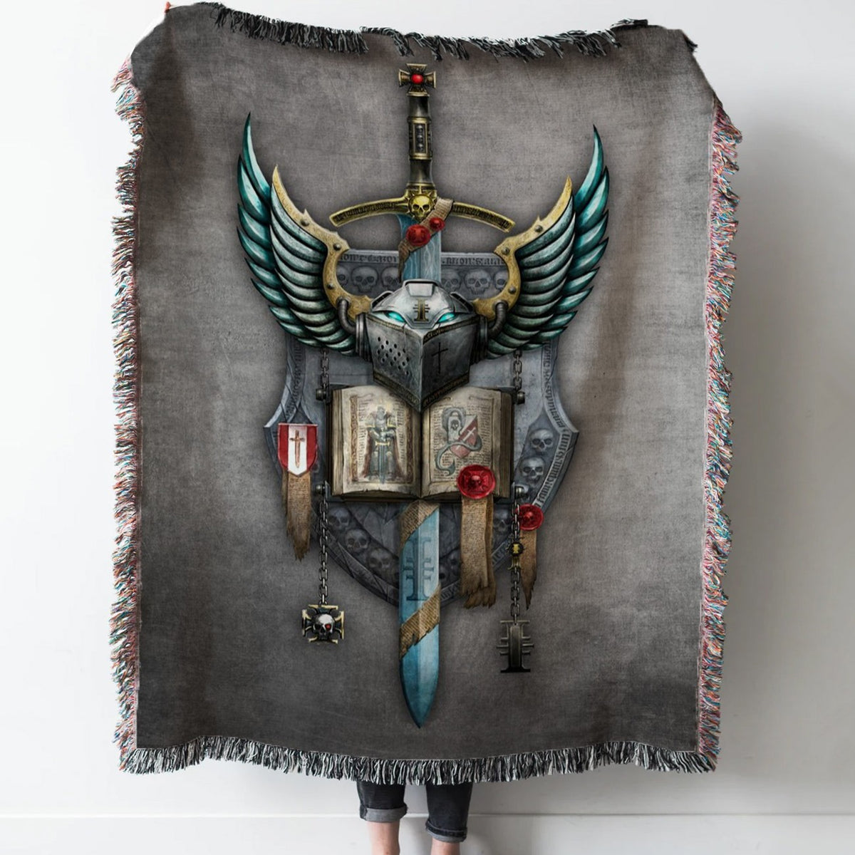 Grey Knights Woven Tapestry Throw Blanket with Fringe