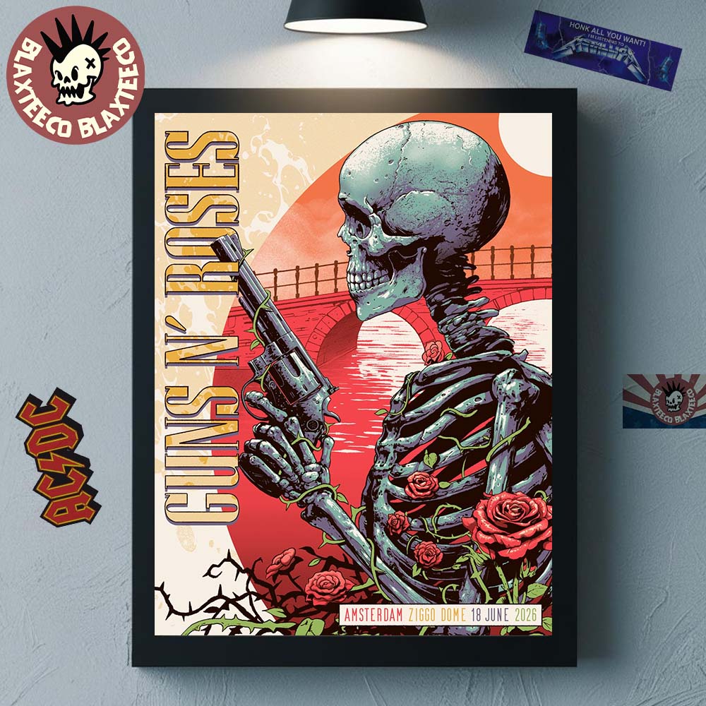 Guns N Roses Amsterdam Netherlands 2026 Event Poster At Ziggo Dome On 18 June 2026 The Skeleton With A Gun And Roses Home Decor Poster Canvas