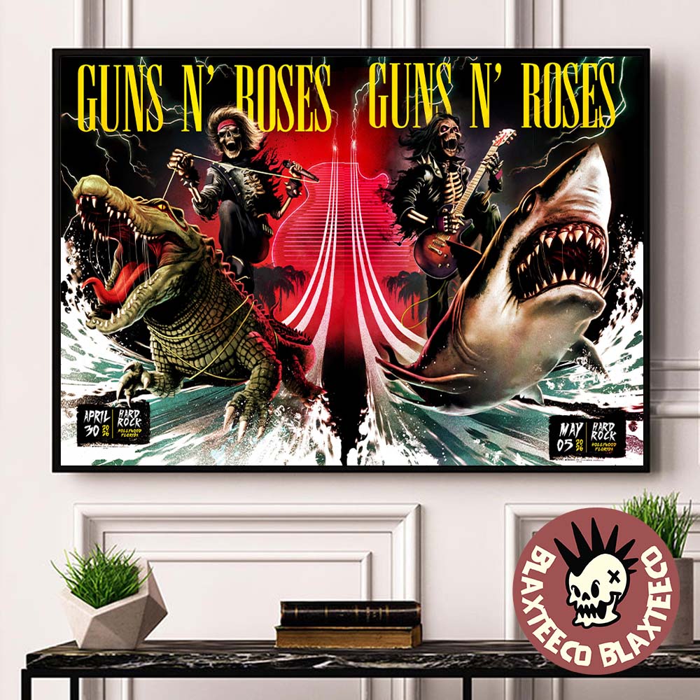 Guns N Roses Hollywood Florida 2026 Night 1 And 2 Combined Venue Poster At Hard Rock On April 30 And May 5 2026 Skeletons Riding Crocodile And Shark Poster Canvas