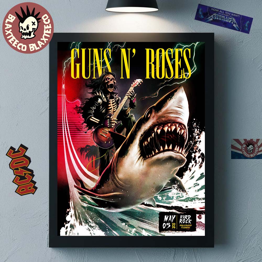 Guns N Roses Hollywood Florida 2026 Night 2 Venue Poster At Hard Rock On May 5 2026 Skeleton Riding Shark Art Home Decor Poster Canvas