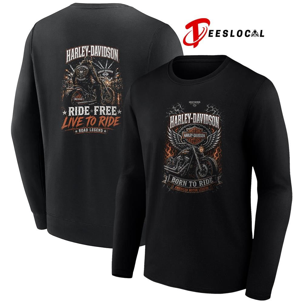 Harley Davidson motorcycles born to ride ride free live to ride road legend graphic shirt