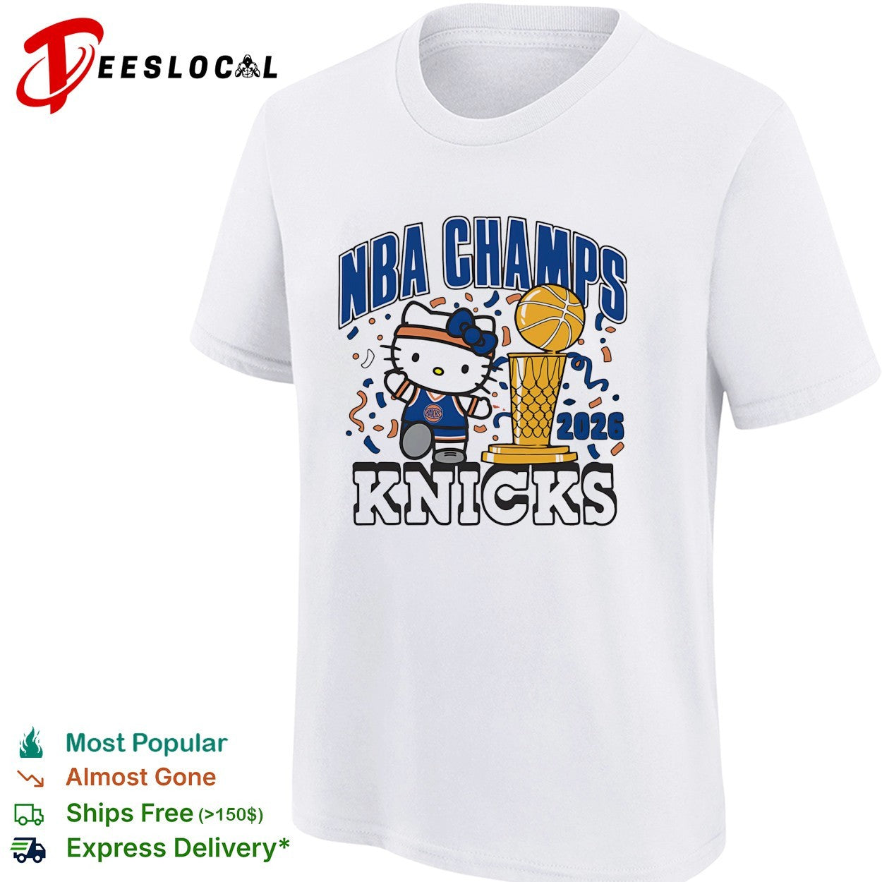 Hello Kitty wearing Knicks jersey 2026 NBA Champs trophy confetti cartoon shirt