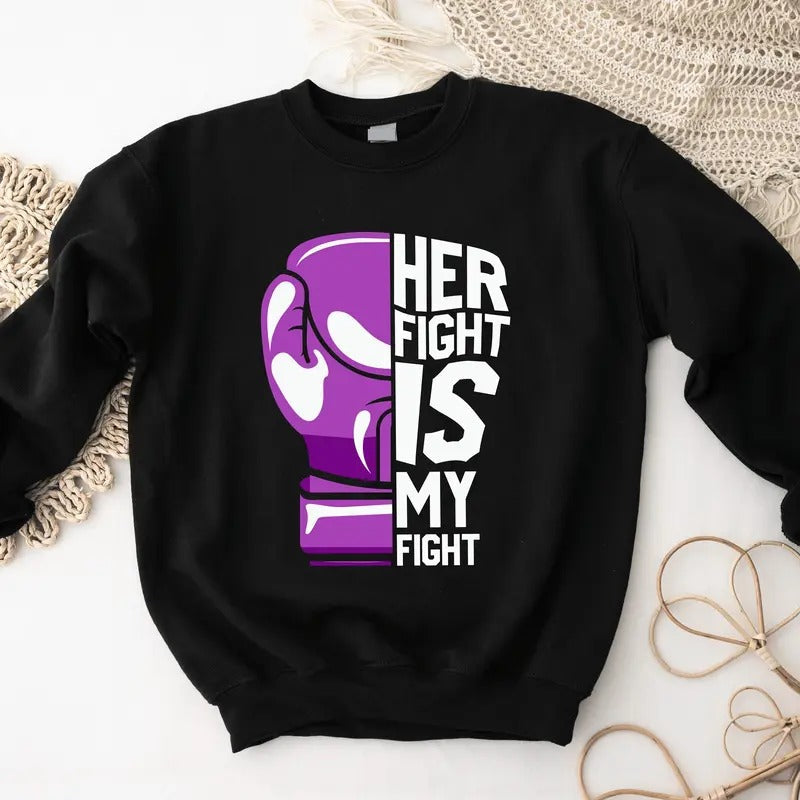 Her Fight Is My Fight Purple Ribbon Cancer Awareness Support Cystic Fibrosis Worrier Pancreatic Cancer T-Shirts