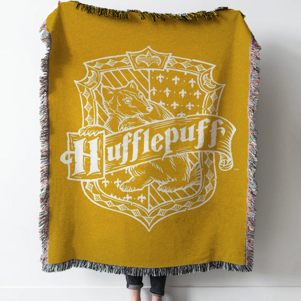 Hufflepuff Crest Woven Tapestry Throw Blanket with Fringe