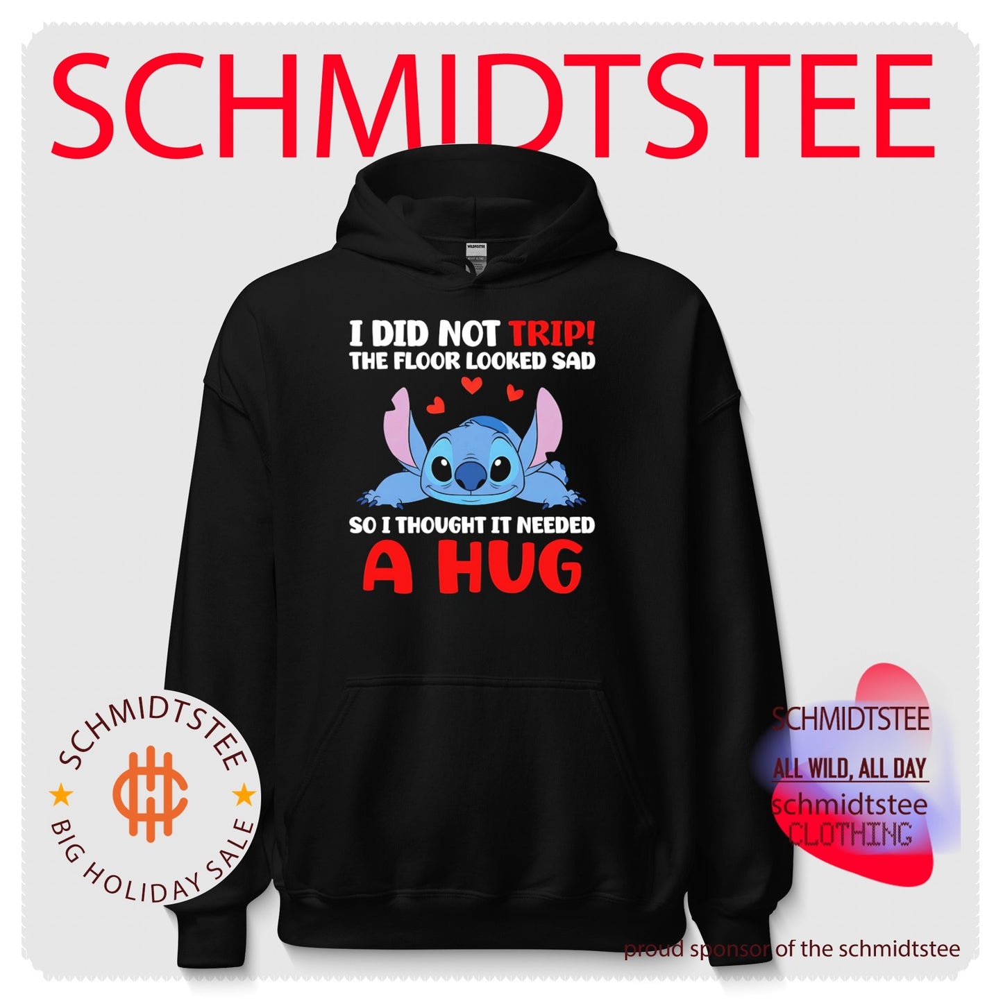 I did not trip the floor looked sad so I though it needed a hug Stitch shirt