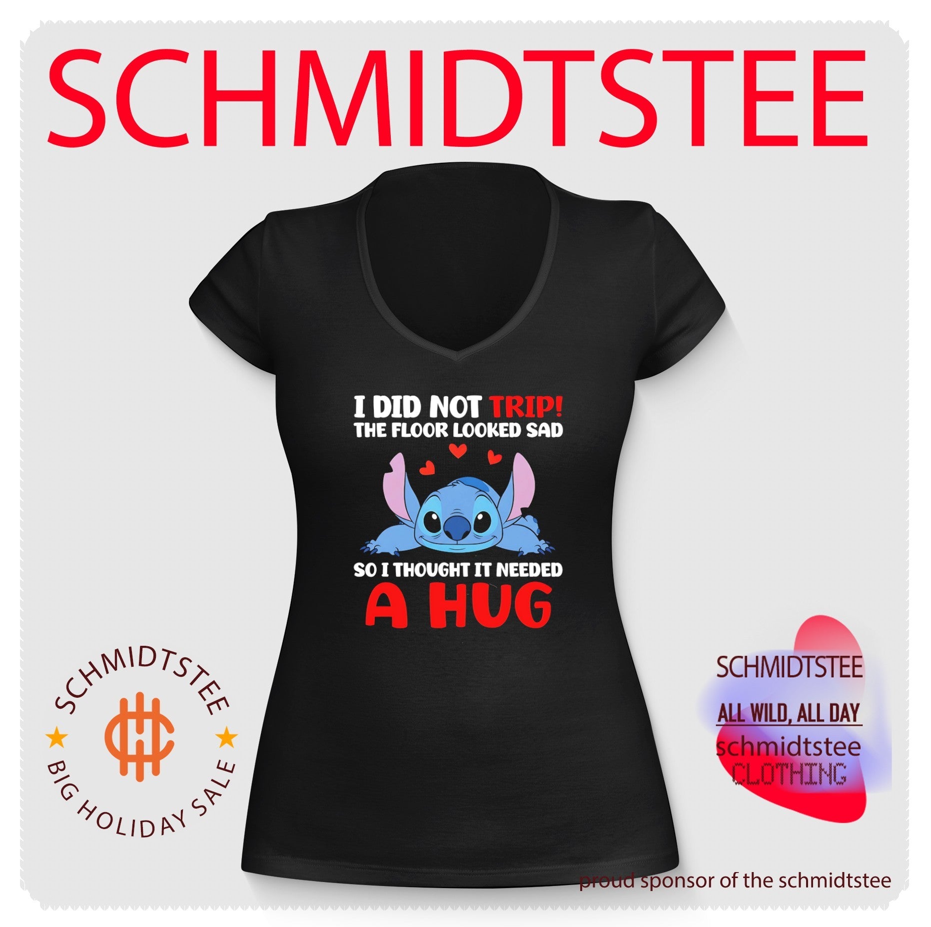 I did not trip the floor looked sad so I though it needed a hug Stitch shirt
