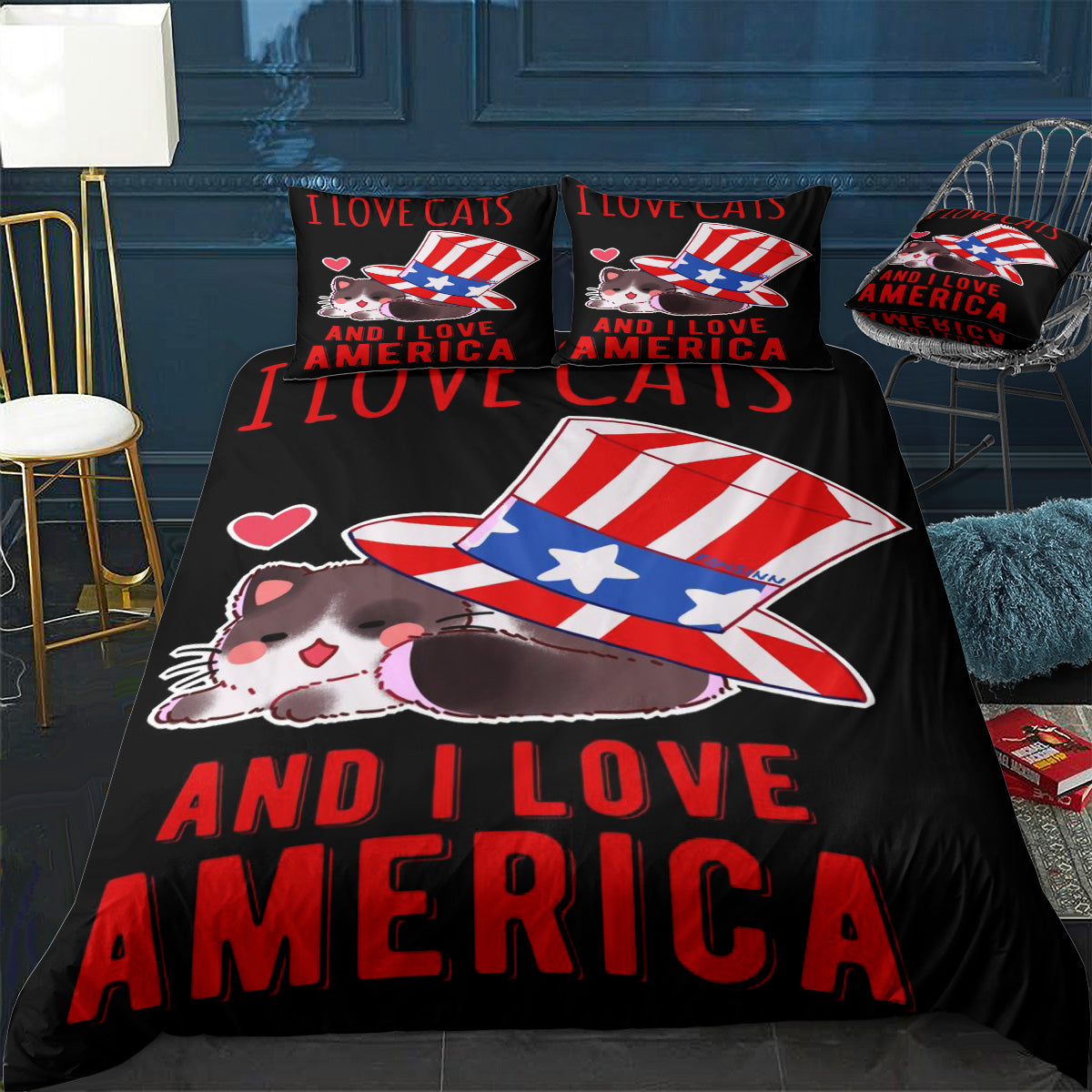 I Love Cats And America Bedding Set (Duvet Cover & Pillow Shams)