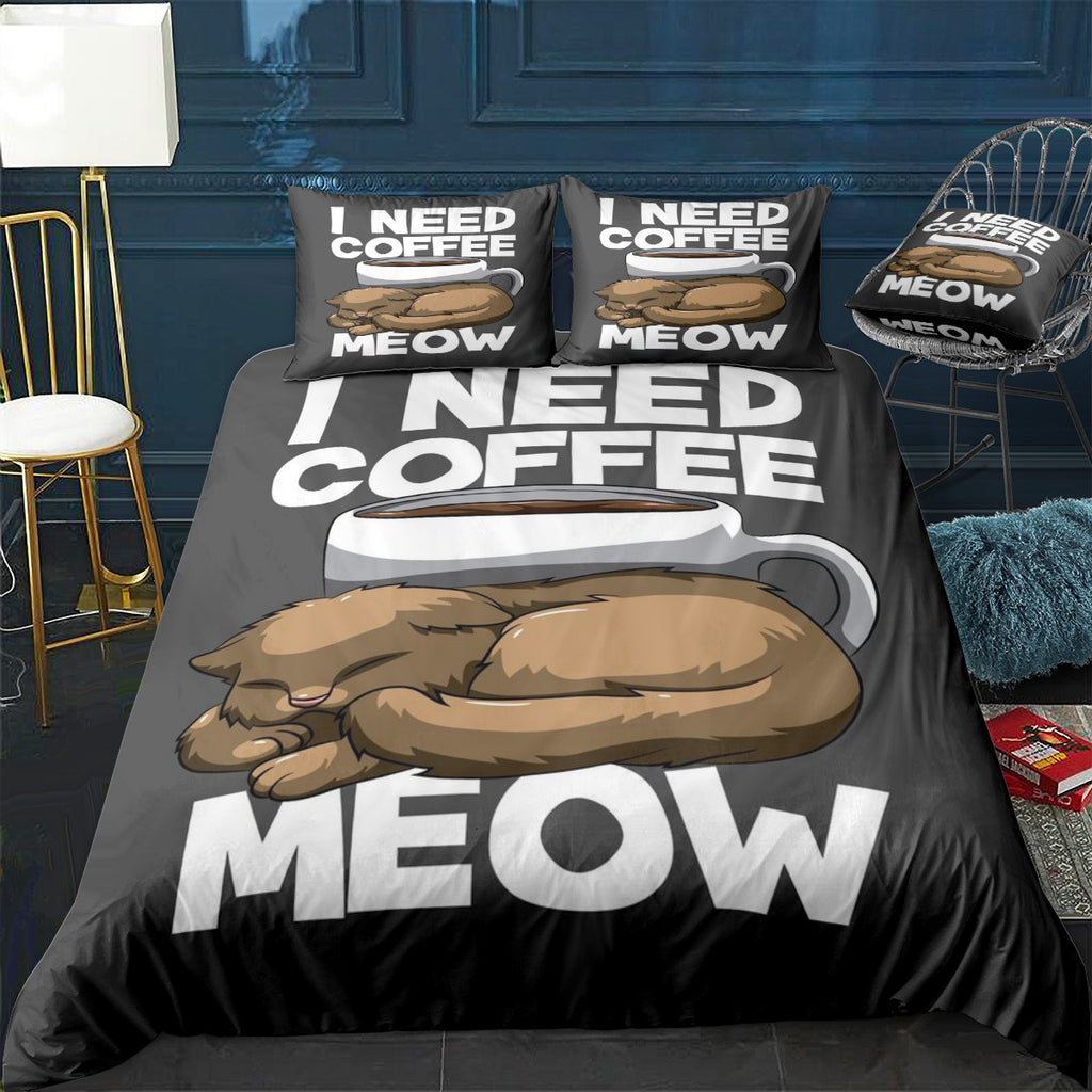 I Need Coffee Right Meow Bedding Set (Duvet Cover & Pillow Shams)