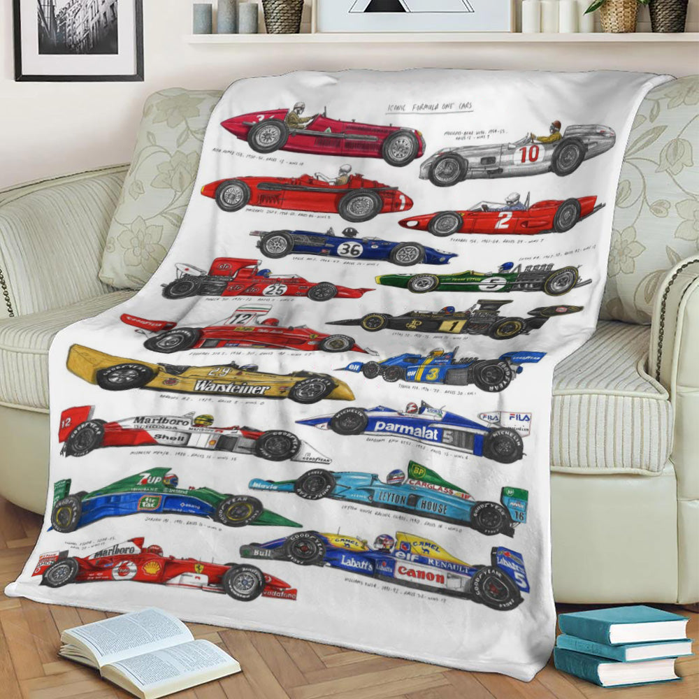 Iconic Formula 1 Cars Fleece Throw Blanket