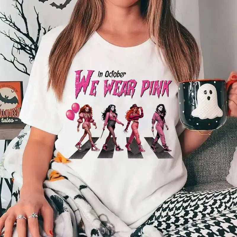 October We Pink Shirt Bundlle Pink Breast Cancer Horror Movie Pink Slasher Movie Short Sleeve Cotton Casual T-Shirts