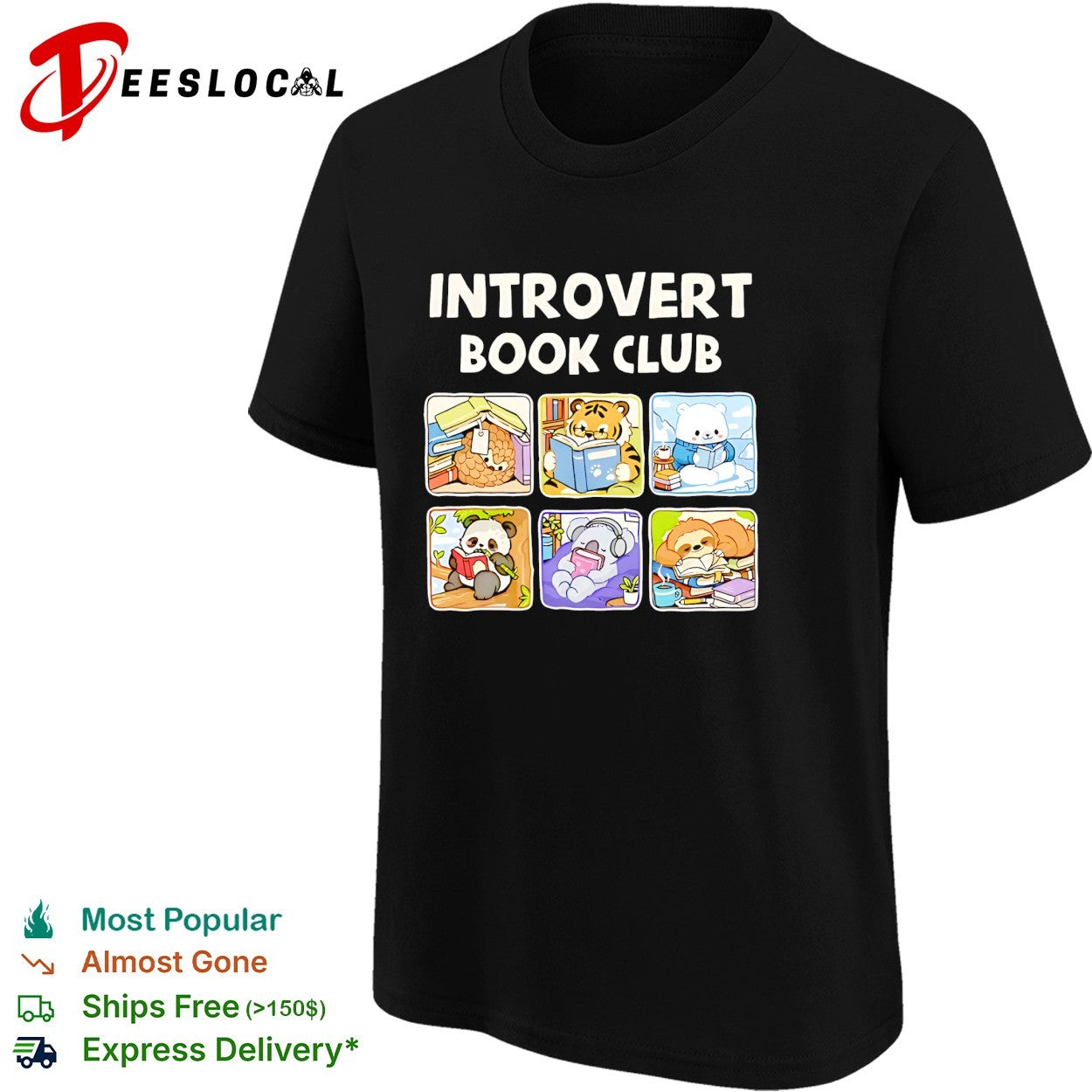 Introvert Book Club cute animals reading books tiger panda sloth art shirt