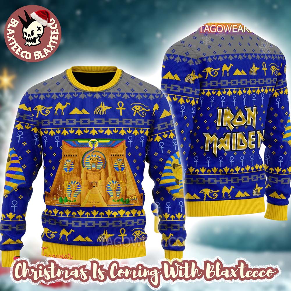 Iron Maiden Powerslave Album Cover Pixel Style With Egypt Symbols Pattern Pharaoh Eddie Knitted Ugly Christmas Sweater