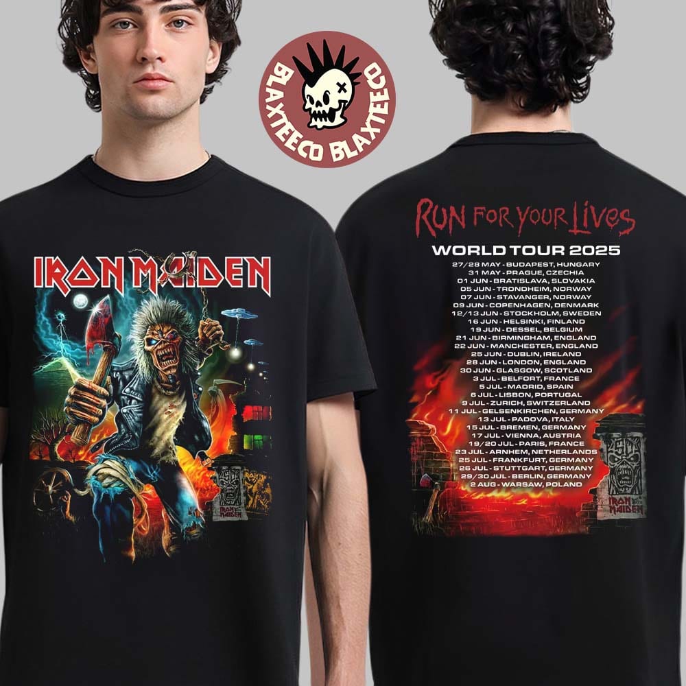 Iron Maiden Run For Your Lives World Tour 2025 Tee Europe Tour Dates Two Sided Unisex T-Shirt