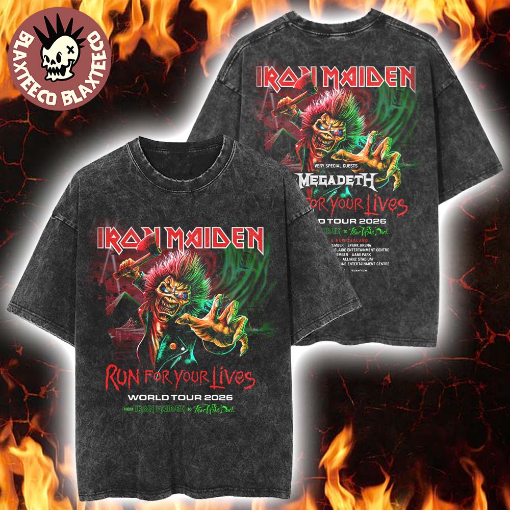 Iron Maiden Run For Your Lives World Tour 2026 Australia And New Zealand With Megadeth Schedule Dates Retro Wash Tee