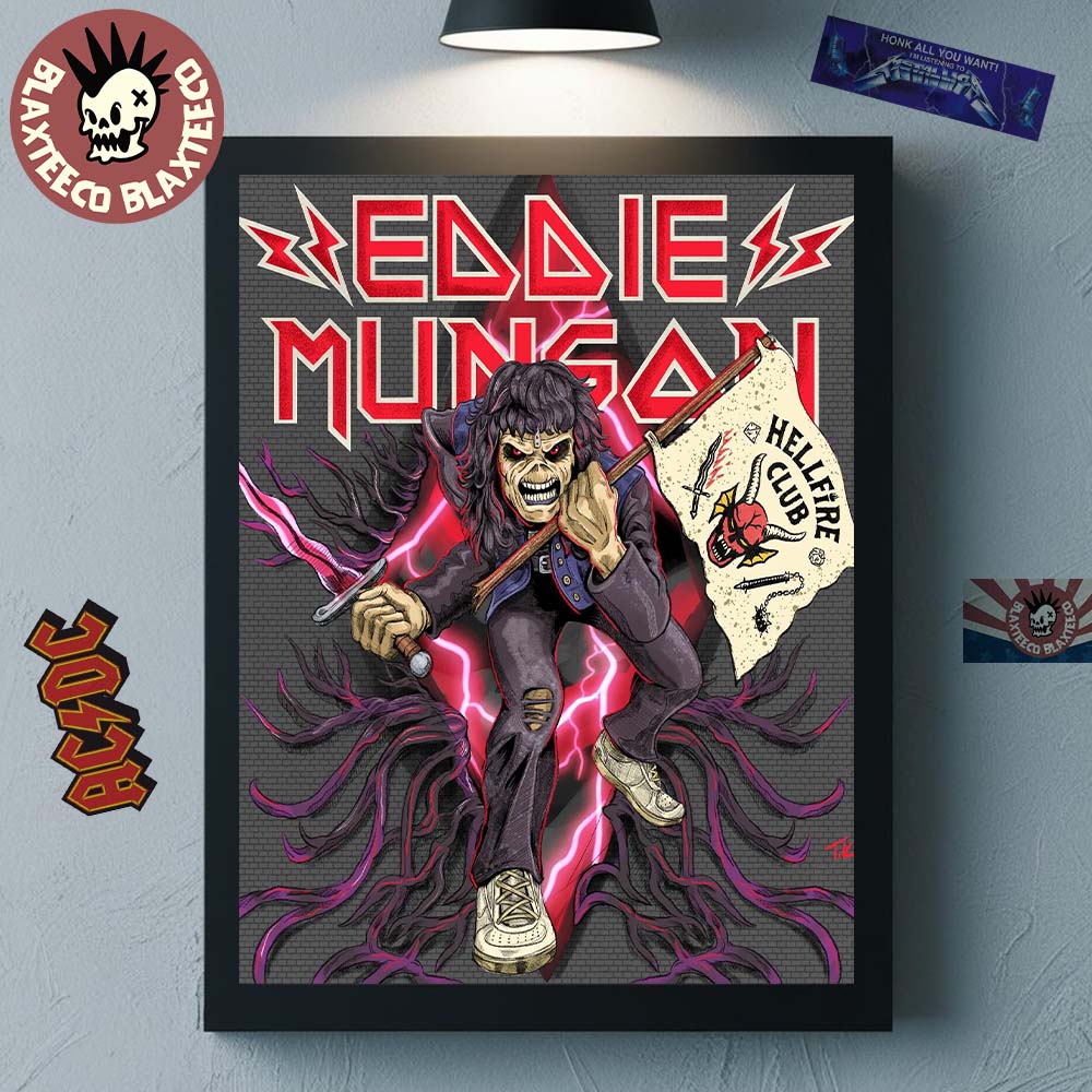 Iron Maiden X The Stranger Things Eddie As Eddie Munson With Hellfire Club Flag And Sword Home Decor Poster Canvas