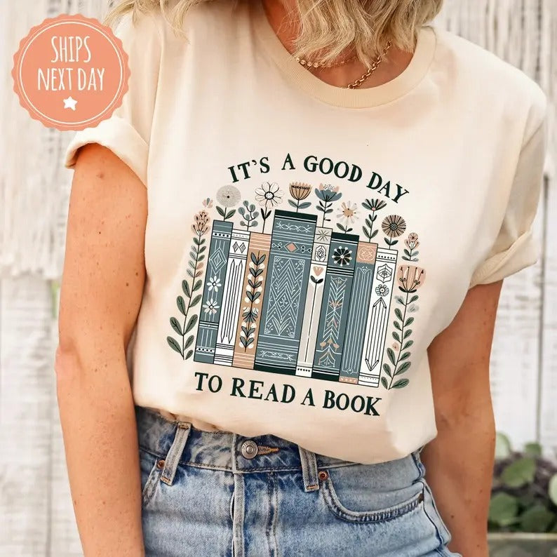 Good Day Read Book Shirt Book Lover Floral Books Teacher Shirt Bookish Librarian Casual Cotton Casual Cotton T-Shirts