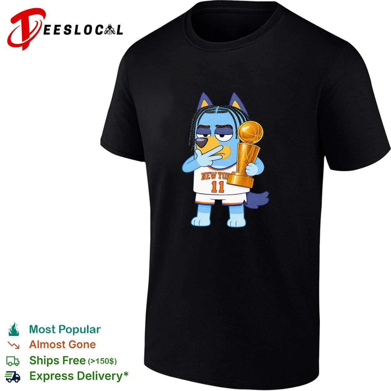 Jalen Brunson 11 New York Knicks x Bluey holding NBA championship trophy shirt