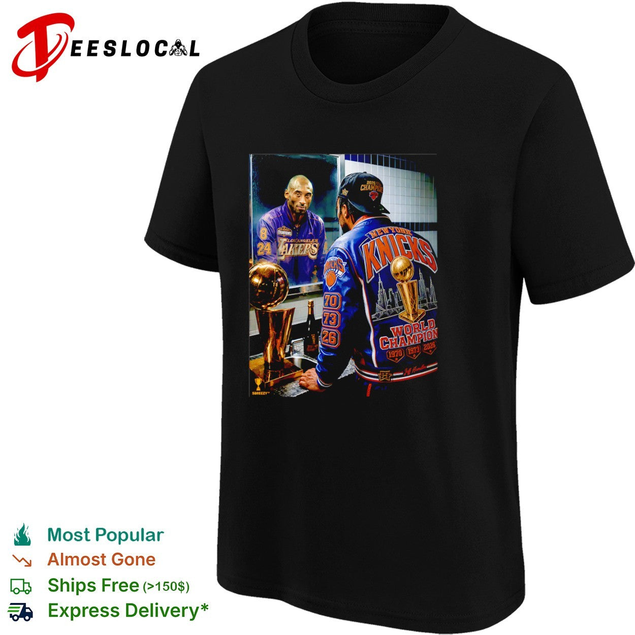 Jalen Brunson and Kobe Bryant in mirror New York Knicks NBA 2026 World Champion Jeff Hamilton shirt