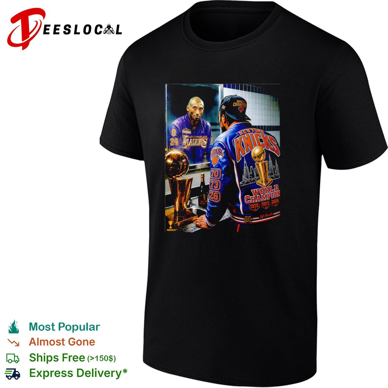 Jalen Brunson and Kobe Bryant in mirror New York Knicks NBA 2026 World Champion Jeff Hamilton shirt
