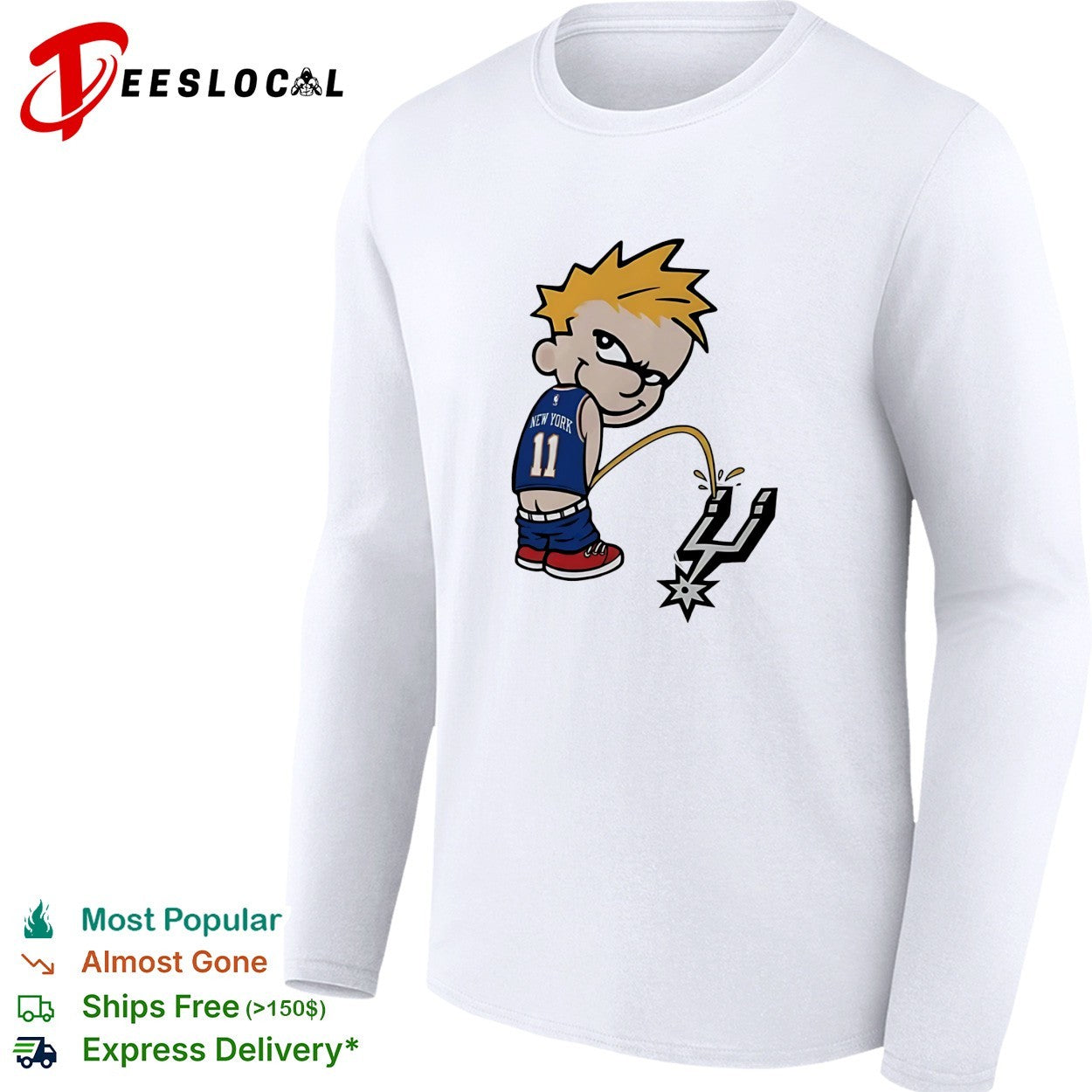 Jalen Brunson number 11 New York Knicks Calvin style kid peeing on Spurs logo shirt