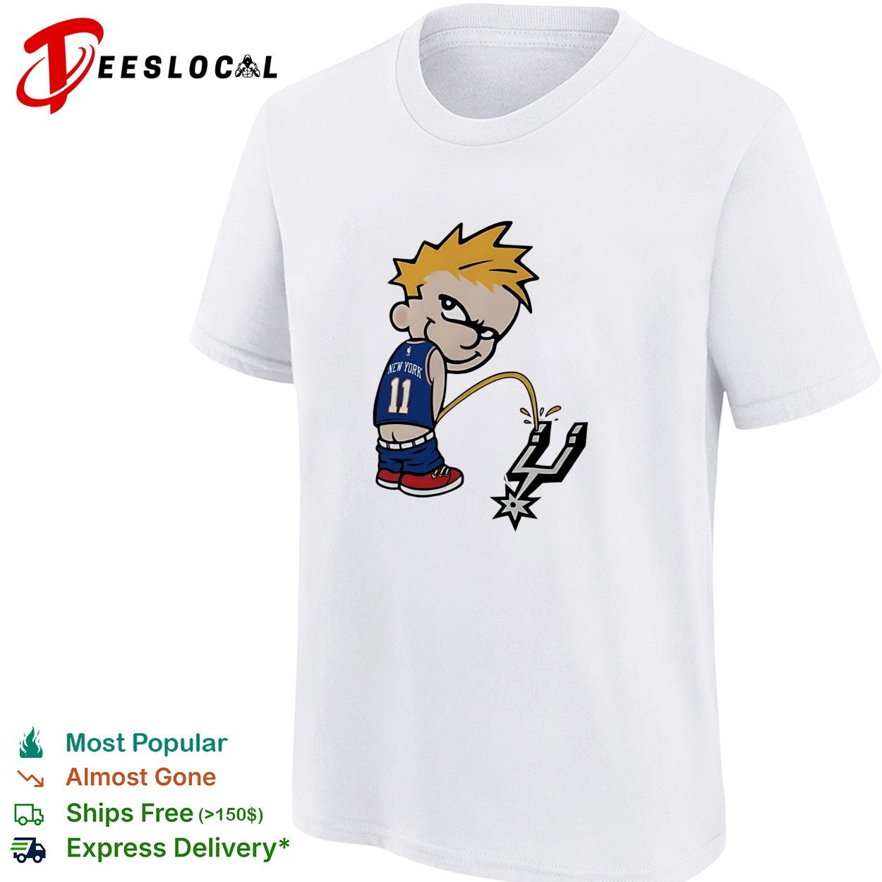 Jalen Brunson number 11 New York Knicks Calvin style kid peeing on Spurs logo shirt
