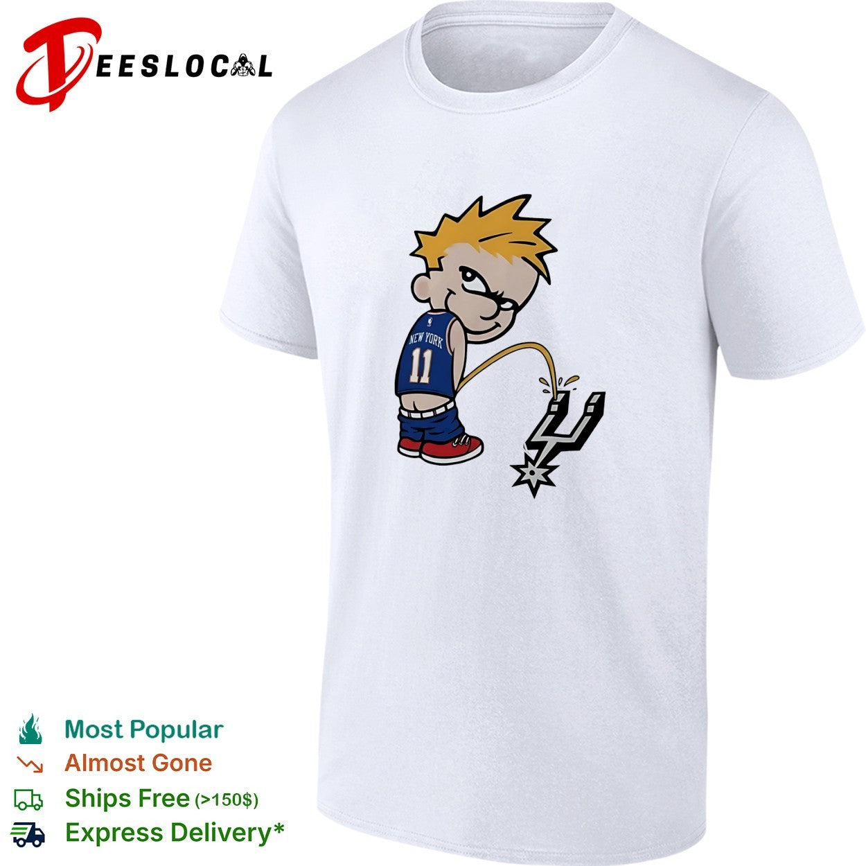 Jalen Brunson number 11 New York Knicks Calvin style kid peeing on Spurs logo shirt
