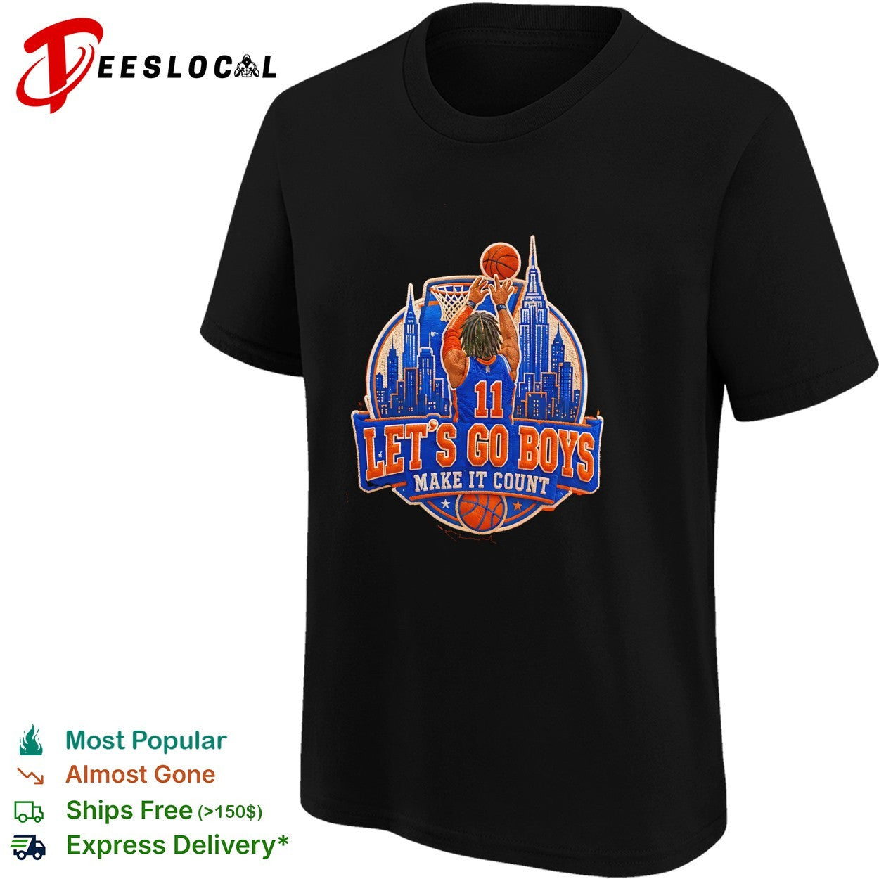Jalen NYK Let’s go boys make it count basketball player dunking skyline badge shirt