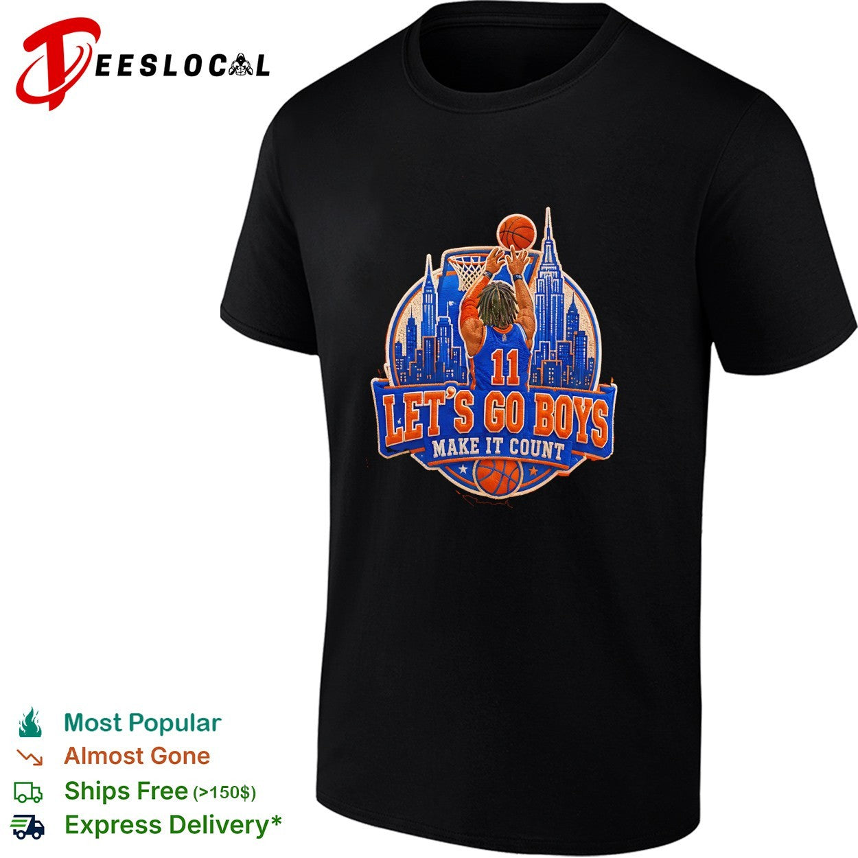 Jalen NYK Let’s go boys make it count basketball player dunking skyline badge shirt