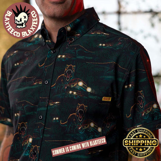 Jurrasic Park RSVLTS T-Rex Must Go Faster Button Short Sleeve Hawaiian Shirt
