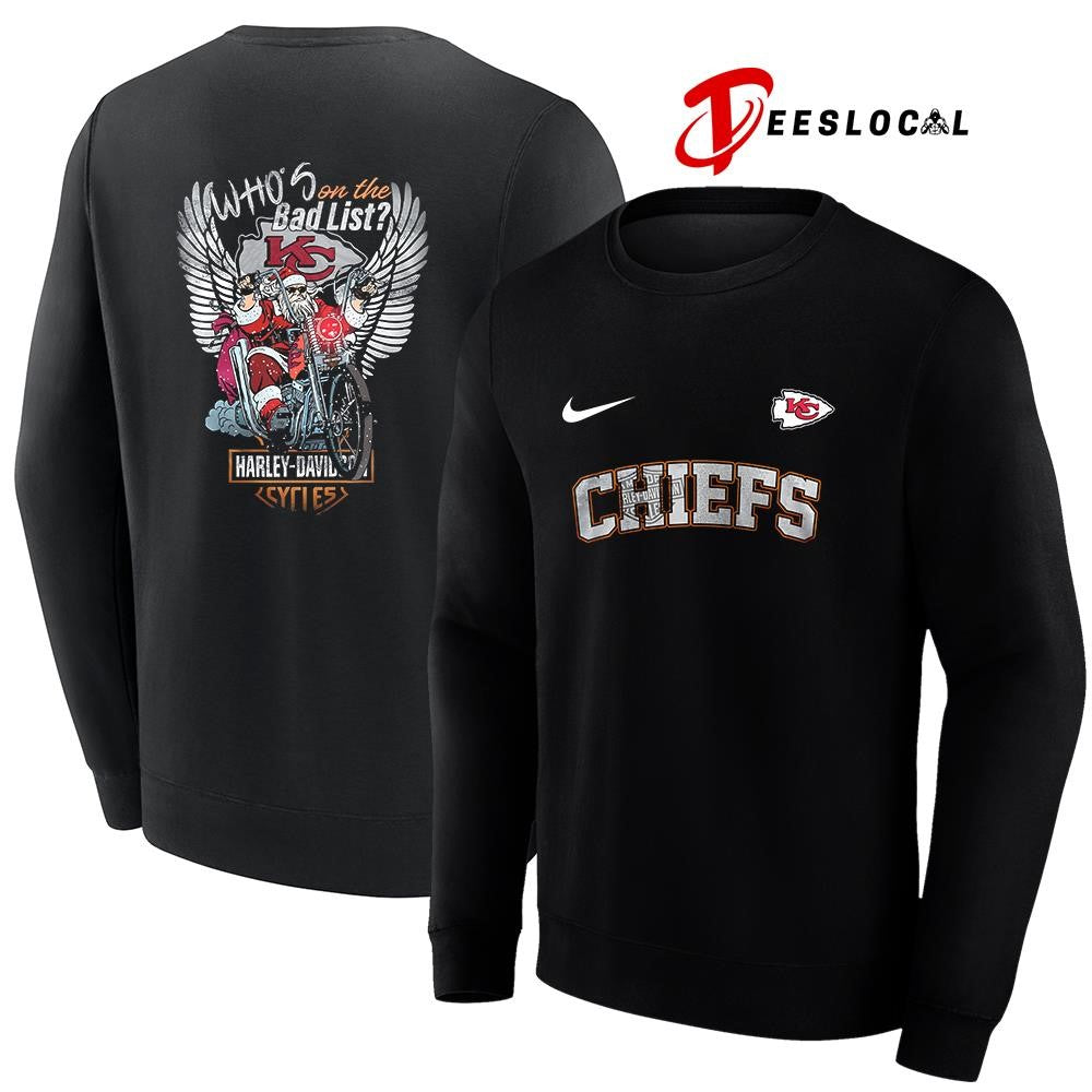 Kansas City Chiefs x Harley Davidson Santa Claus who’s on the bad list graphic shirt