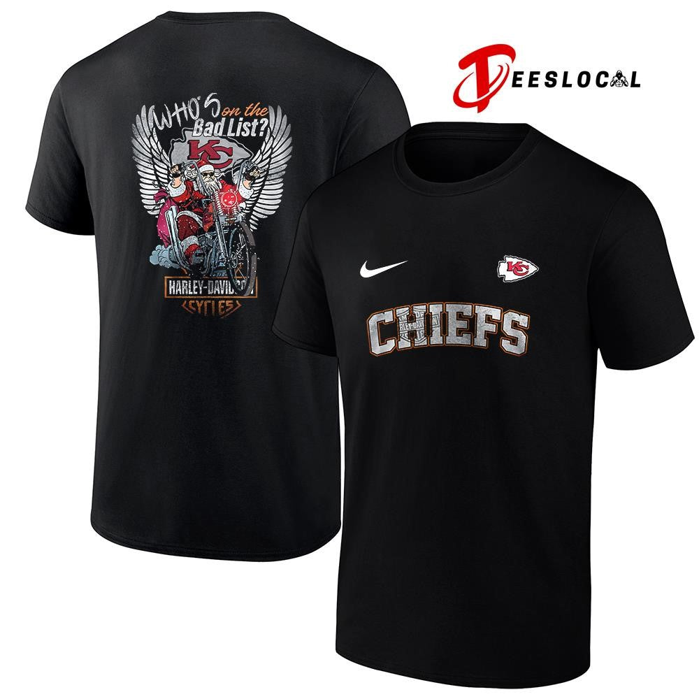 Kansas City Chiefs x Harley Davidson Santa Claus who’s on the bad list graphic shirt