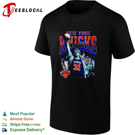Karl-Anthony Towns 32 New York Knicks Statue of Liberty skyline basketball shirt