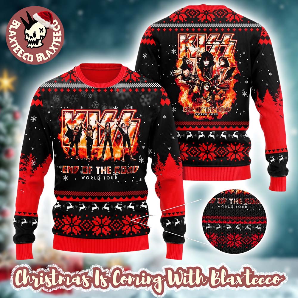 Kiss Band End Of The Road World Tour Tribute Flame Knitted Ugly Christmas Sweater