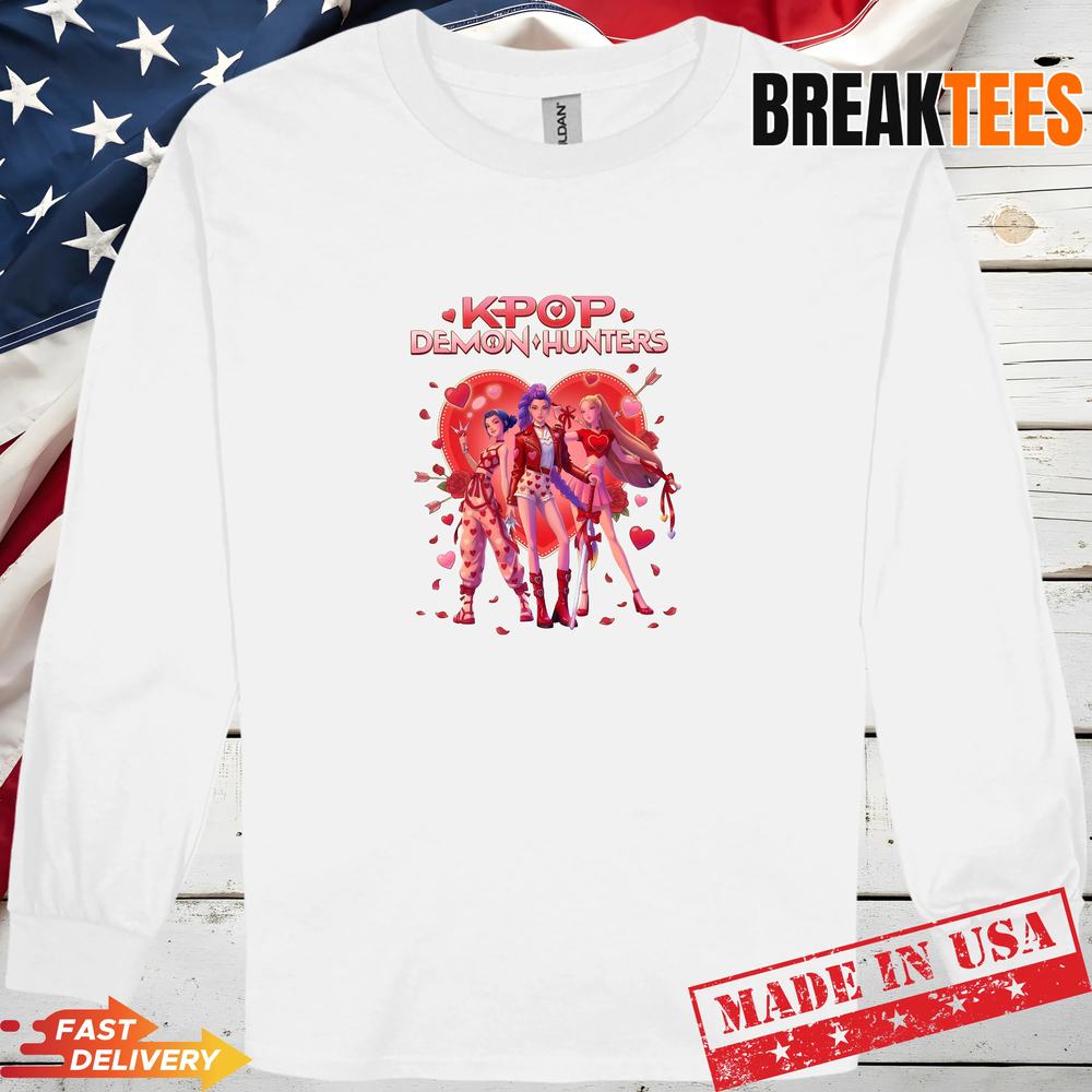 Kpop Demon Hunters T-Shirt – Cute Heart & Roses Aesthetic Graphic Tee – Pink K-Pop Idol Style Shirt