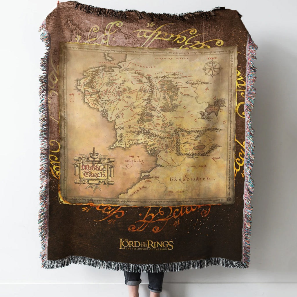 LOTR Middle-Earth Map Woven Tapestry Throw Blanket with Fringe
