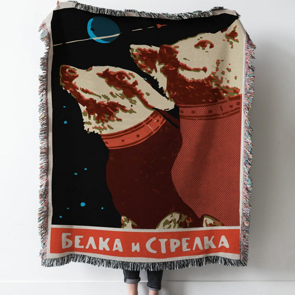 Laika Soviet space dog Woven Tapestry Throw Blanket with Fringe