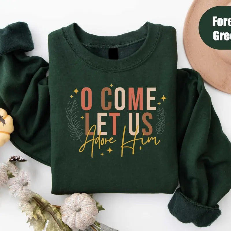 Let Us Adore Him Shirt Nativity Xmas Shirt Christian Religious Family Faith Shirt Casual Classic Collar Cotton T-Shirts