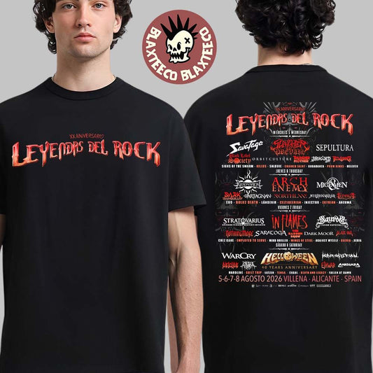 Leyendas Del Rock 2026 20Th Anniversary Full Lineup In Alicante Spain At Villena On 5 6 7 8 August 2026 Two Sided T-Shirt