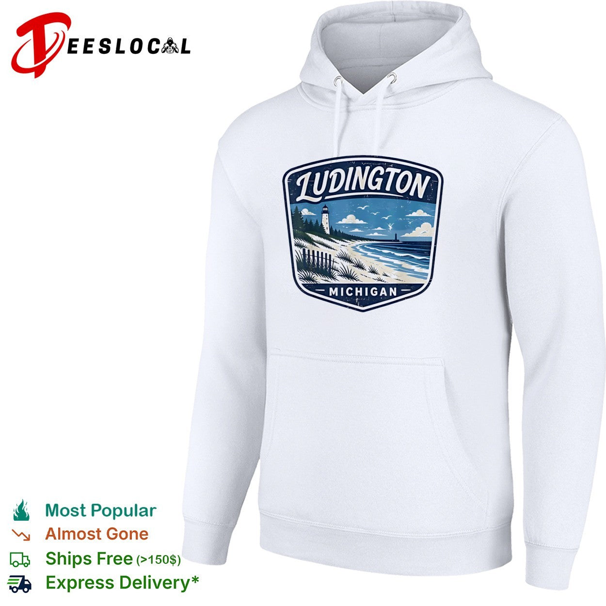 Ludington Michigan lighthouse beach coastal vintage badge shirt