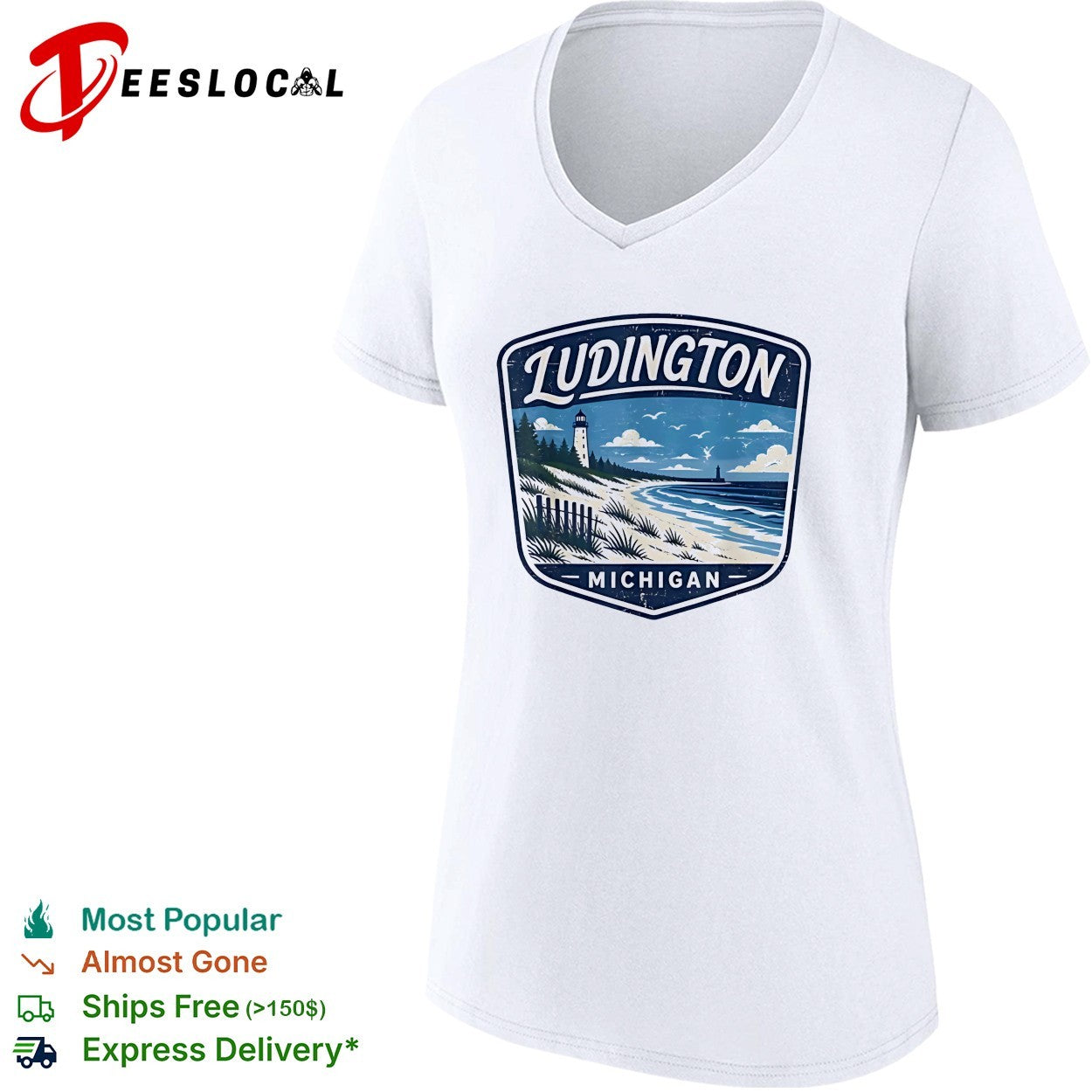 Ludington Michigan lighthouse beach coastal vintage badge shirt