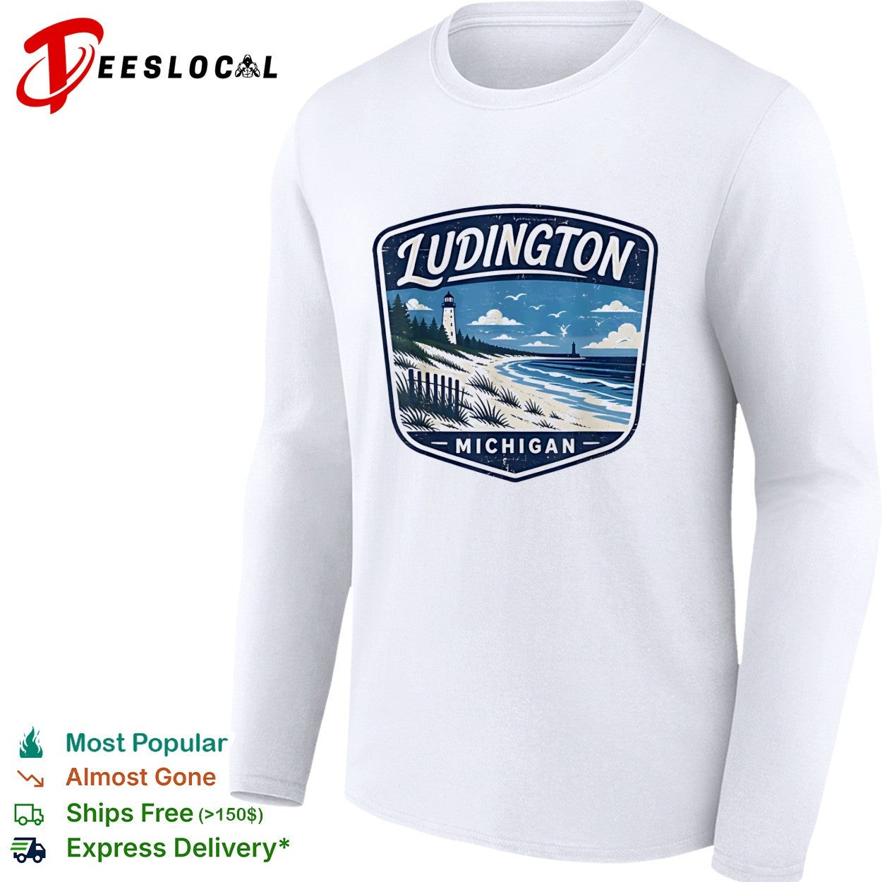 Ludington Michigan lighthouse beach coastal vintage badge shirt