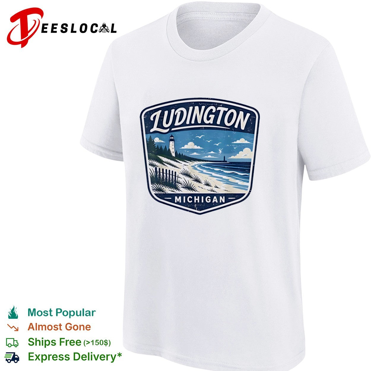 Ludington Michigan lighthouse beach coastal vintage badge shirt