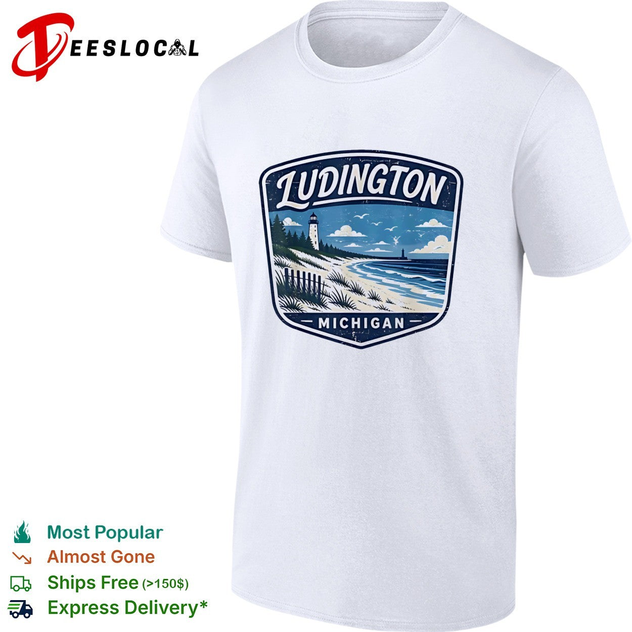 Ludington Michigan lighthouse beach coastal vintage badge shirt