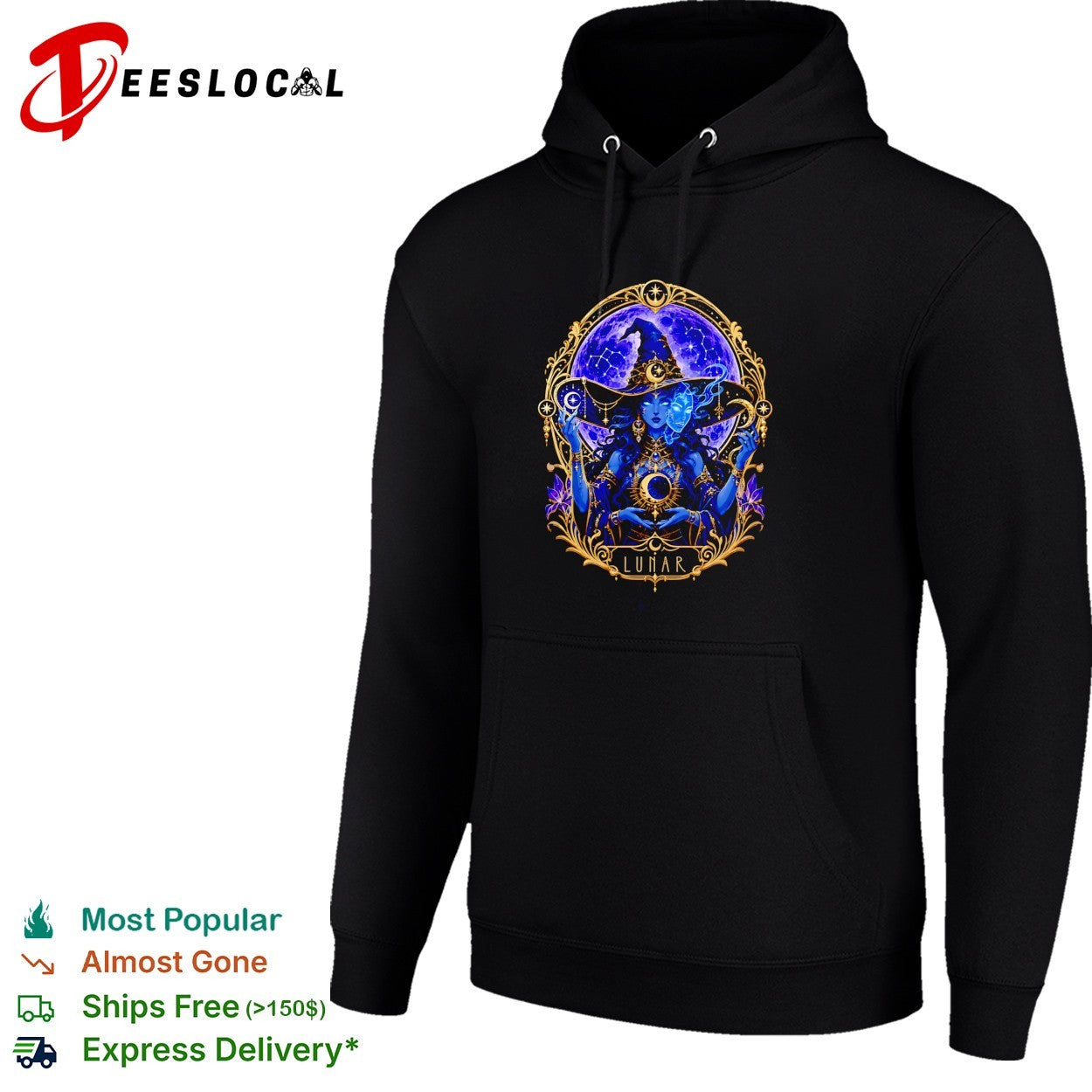 Lunar mystical witch moon goddess gold and purple illustration graphic shirt